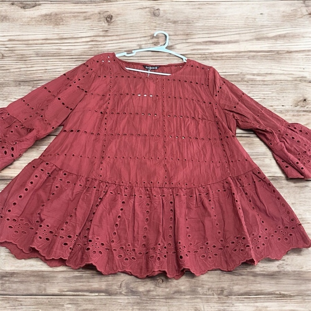 Bloomchic Red Eyelet Peplum Top